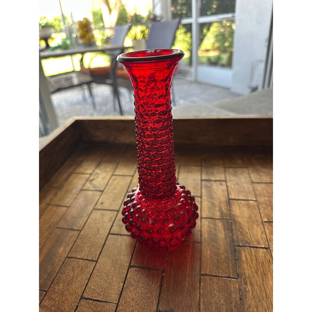 Vintage Ruby Red Glassβ Hobnail Bud Vase Bulbous Base 8 Inch made in EUC